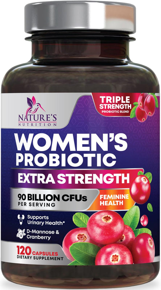Nature's Nutrition bote frontal mostrando 120 cápsulas y beneficio de soporte femenino