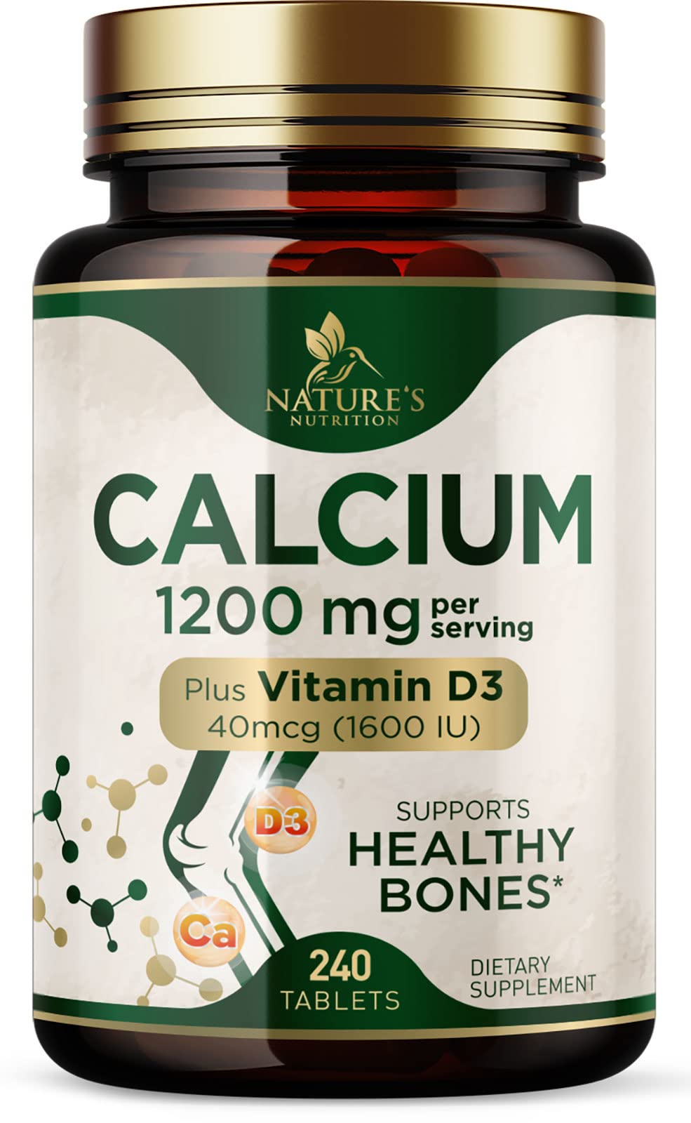 Nature's Nutrition frente del envase mostrando calcio 1200 mg y beneficio óseo