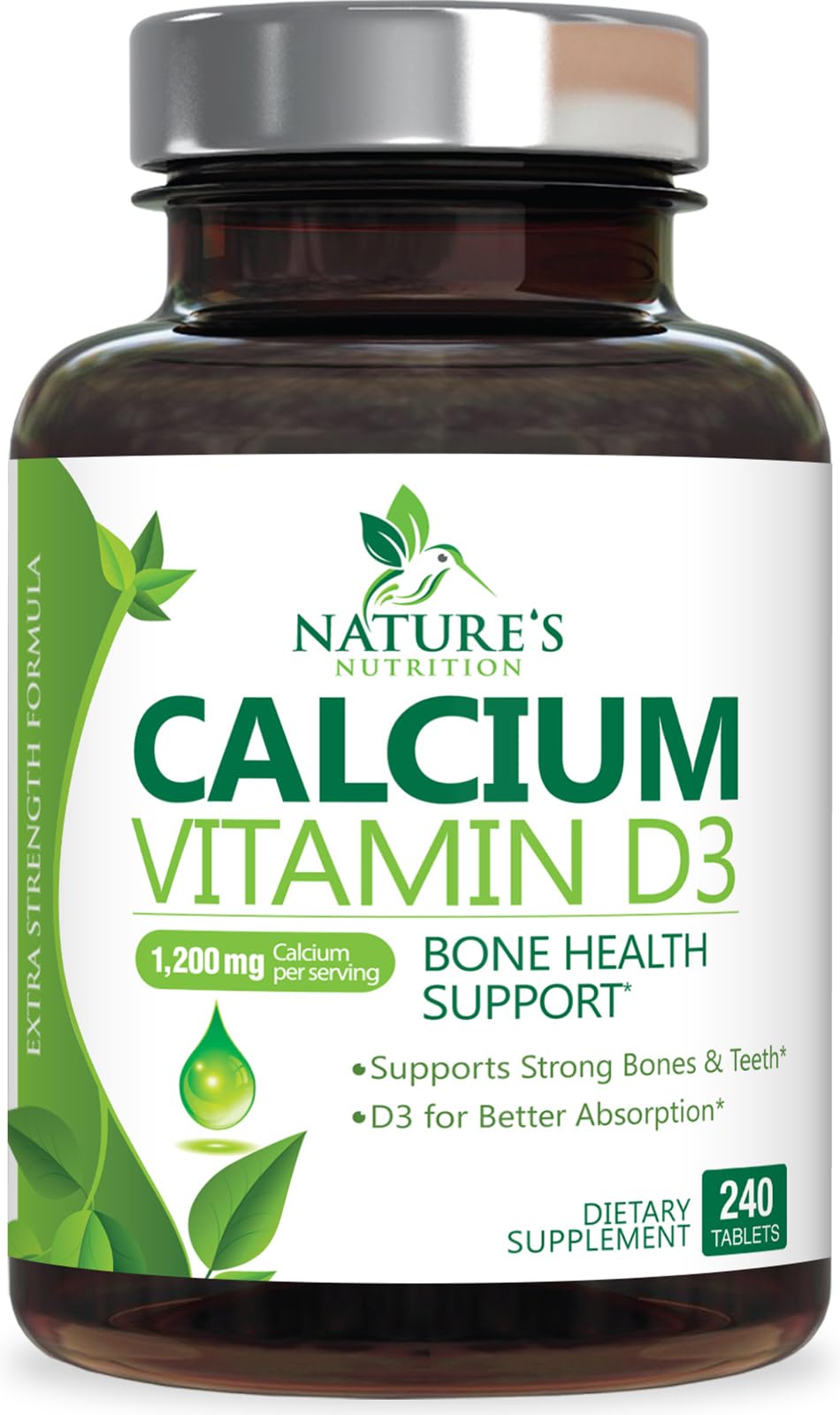 Nature's Nutrition frasco frontal mostrando calcio D3, confianza en calidad