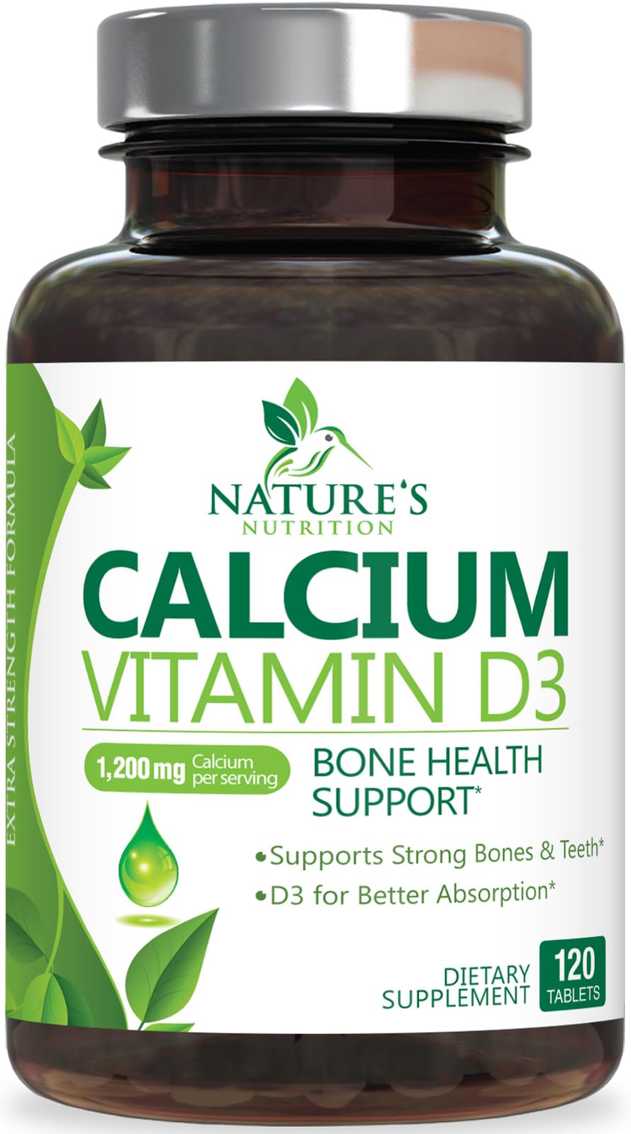 Nature's Nutrition frontal del envase mostrando dosis y beneficio óseo