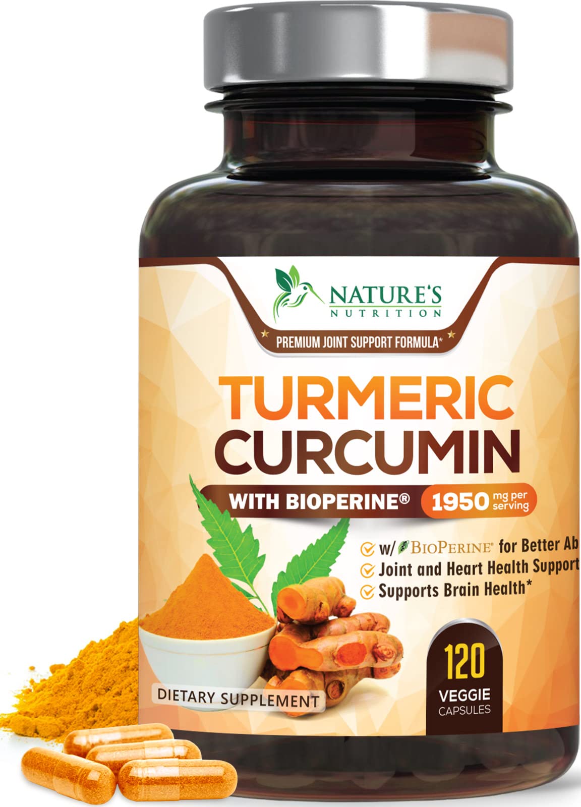 Nature's Nutrition envase frontal de cúrcuma mostrado claramente y confiable