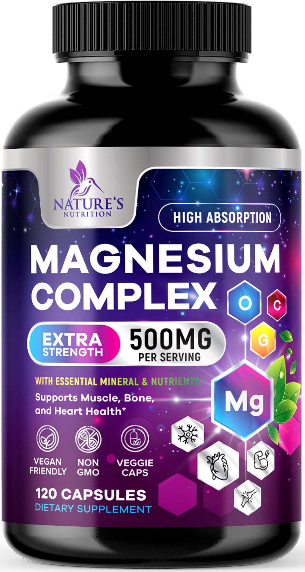 Nature's Nutrition envase frontal de magnesio con etiqueta clara y beneficios
