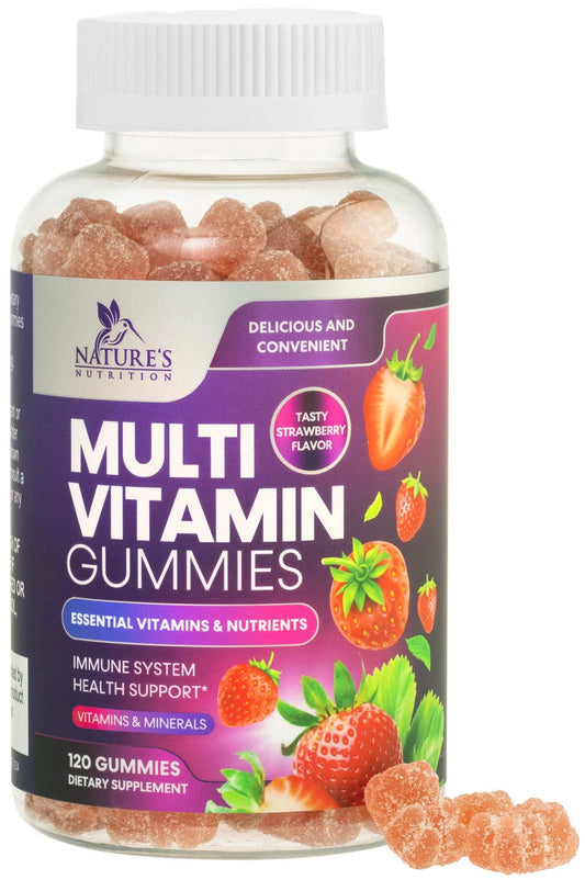 Nature's Nutrition envase frontal visible y claro mostrando 120 gomitas y beneficios