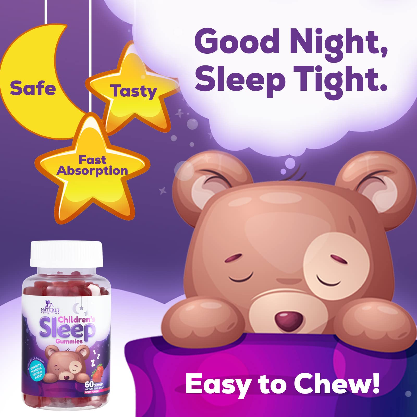 Nature's Nutrition gominolas al lado de una rutina nocturna para facilitar sueño