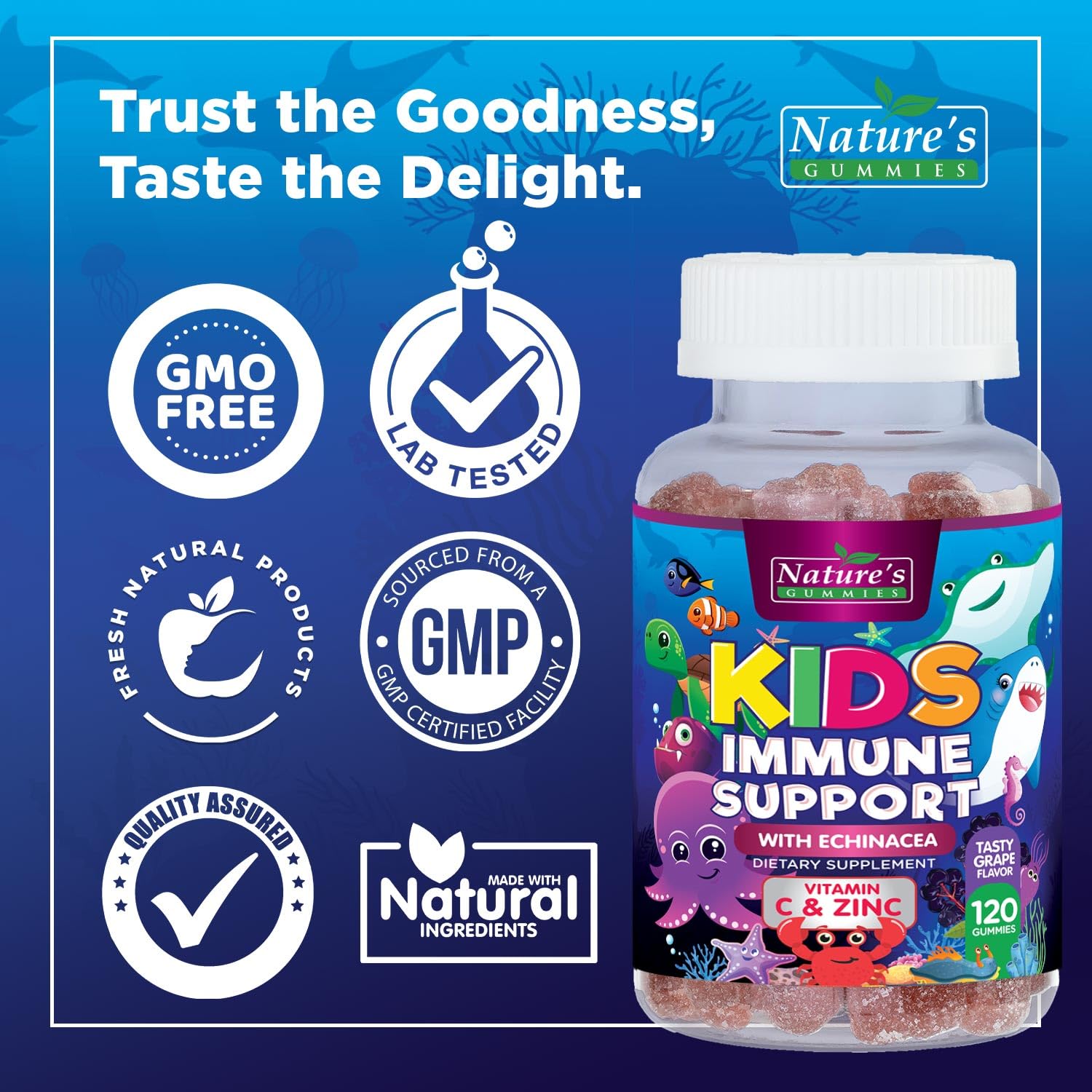 Nature's Nutrition frasco abierto con gominolas visibles y cantidad