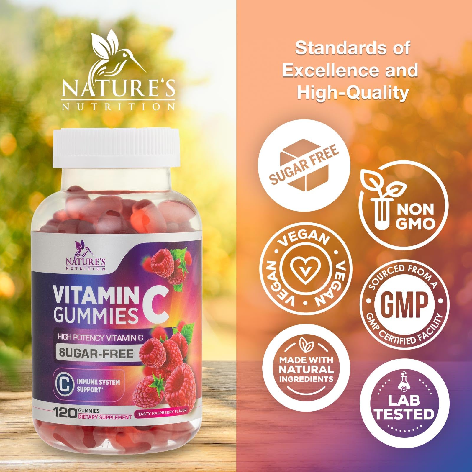 Nature's Nutrition gominolas en mano para mostrar tamaño y dosificación práctica
