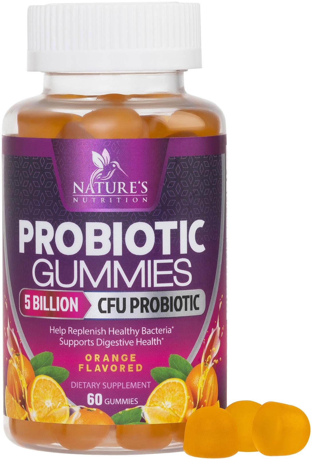 Nature's Nutrition empaque frontal mostrando 60 gominolas naranja, práctico