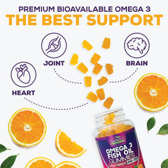 Nature's Nutrition gomitas junto a frutas para sugerir sabor naranja natural