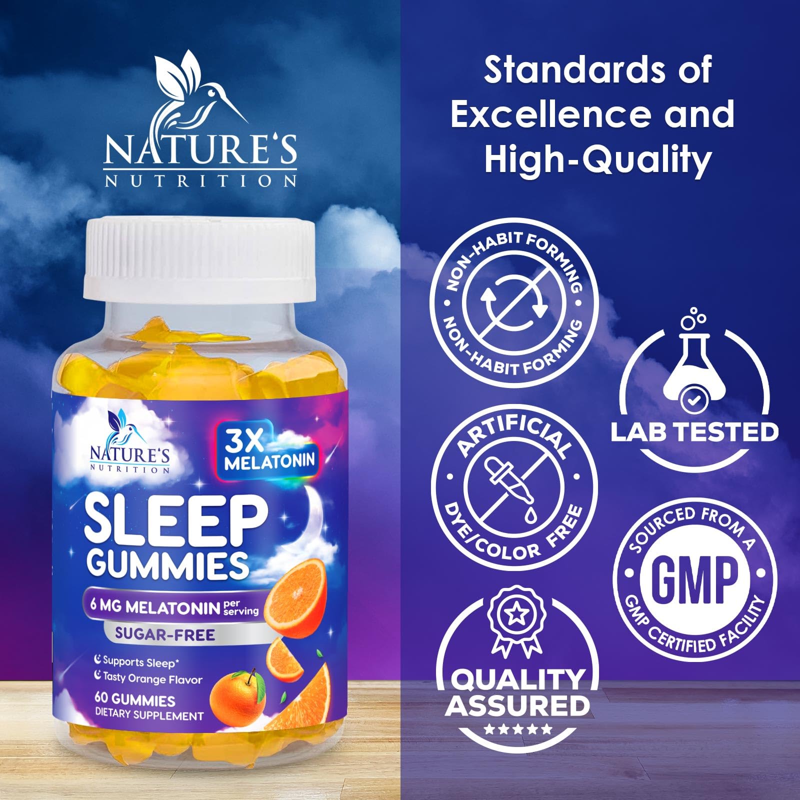 Nature's Nutrition etiqueta con información nutricional y certificación cGMP visible