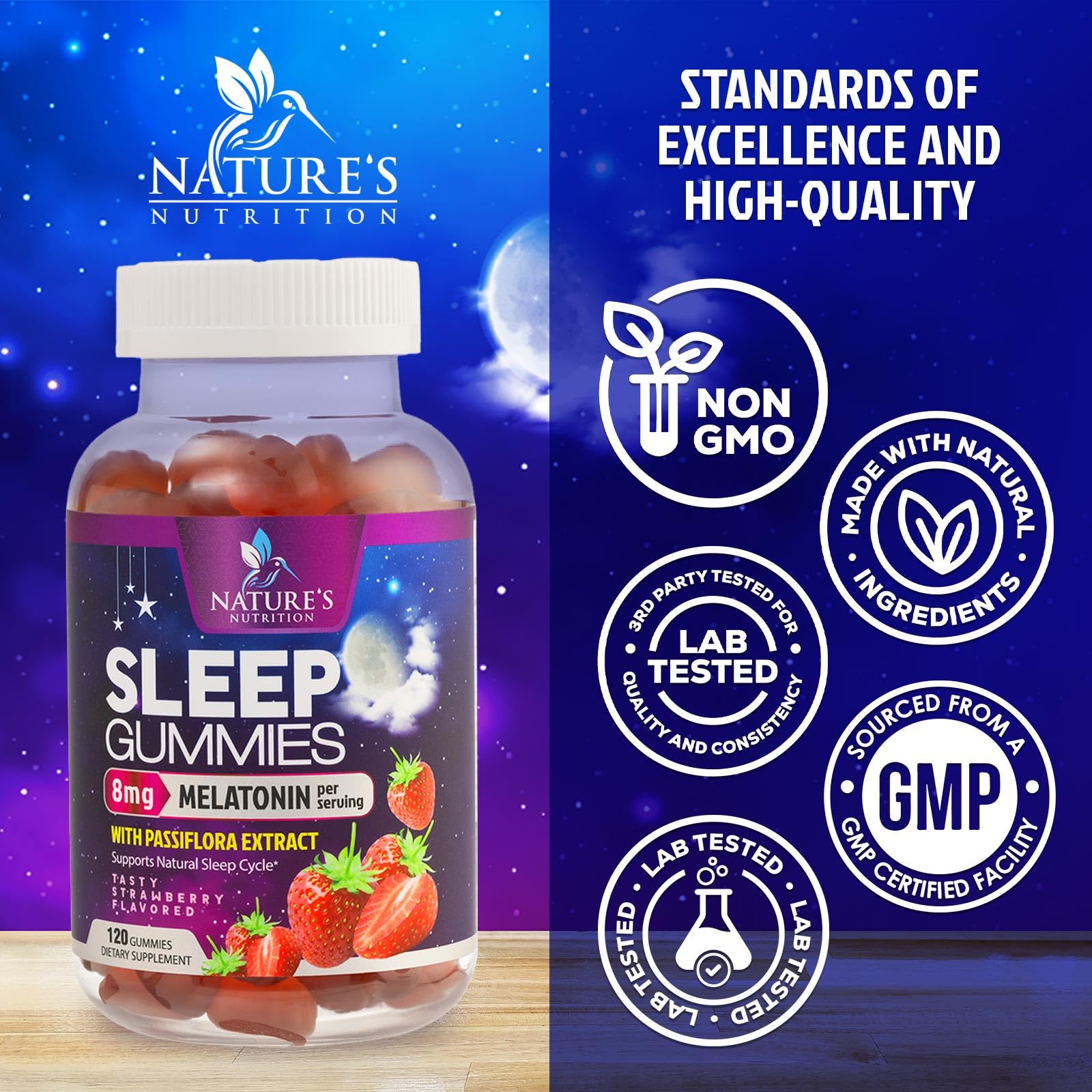 Nature's Nutrition etiqueta de ingredientes destacando 8 mg melatonina