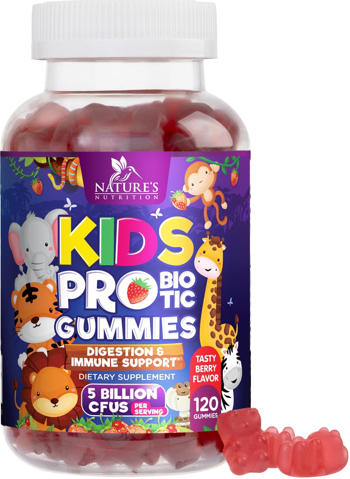 Nature's Nutrition frasco frontal mostrando gomitas veganas, facilita elección segura