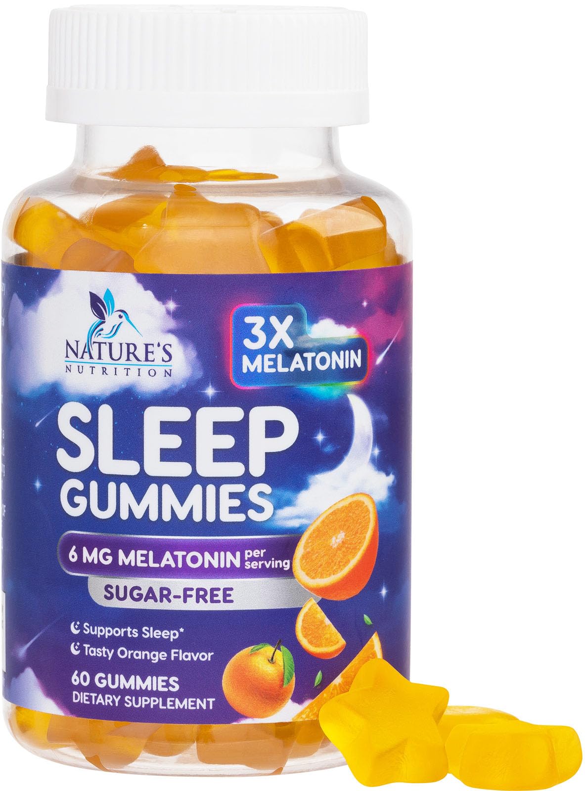 Nature's Nutrition envase frontal de gomitas melatonina muestra dosis y sabor