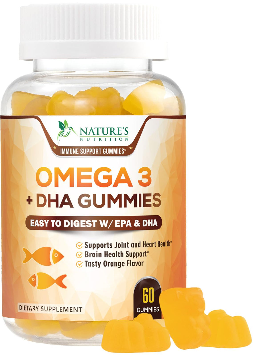 Nature's Nutrition frasco frontal mostrando gomitas omega‑3, aspecto apetecible y práctico
