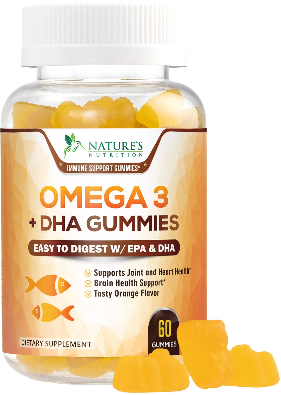 Nature's Nutrition frasco frontal mostrando gomitas omega‑3, aspecto apetecible y práctico