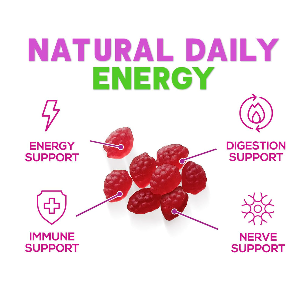 Nature's Nutrition gomitas sobre mesa junto a frutos del bosque para sabor