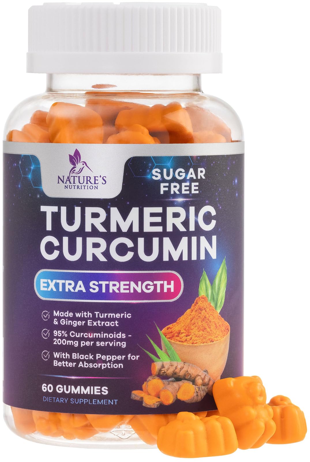 Nature's Nutrition envase frontal de gomitas Turmeric Curcumin muestra beneficios
