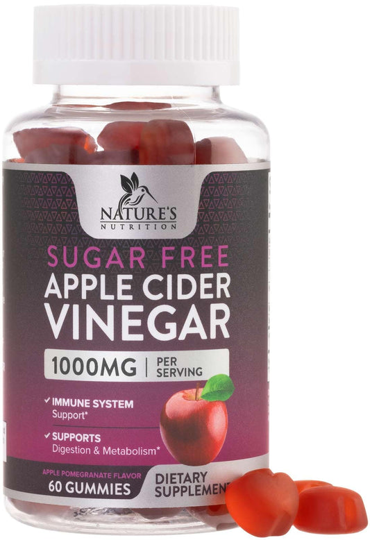 Nature's Nutrition frasco frontal de gomitas de vinagre de manzana sin azúcar mostrando diseño claro