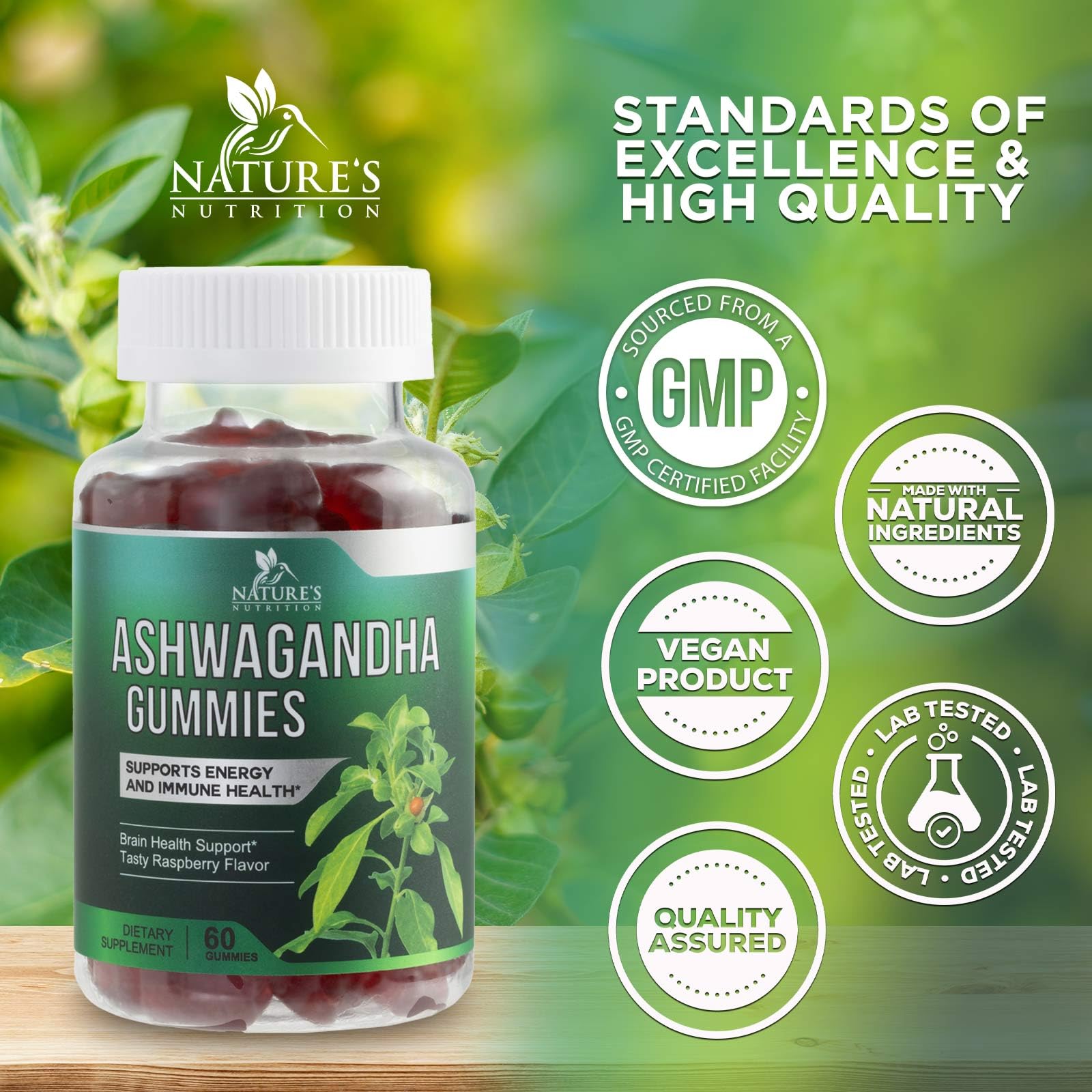 Nature's Nutrition etiqueta lateral con ingredientes y ventaja de fabricación cGMP