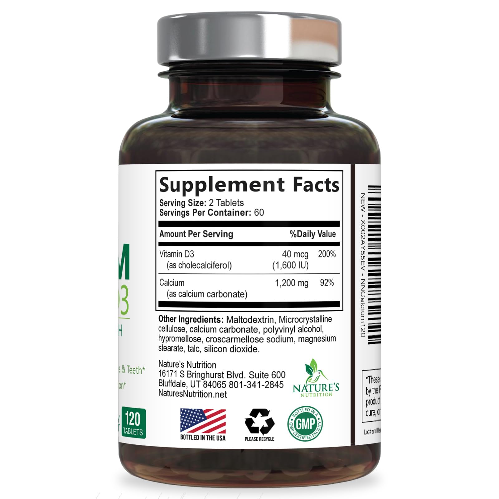 Nature's Nutrition close-up de la tabla nutricional mostrando calcio y D3