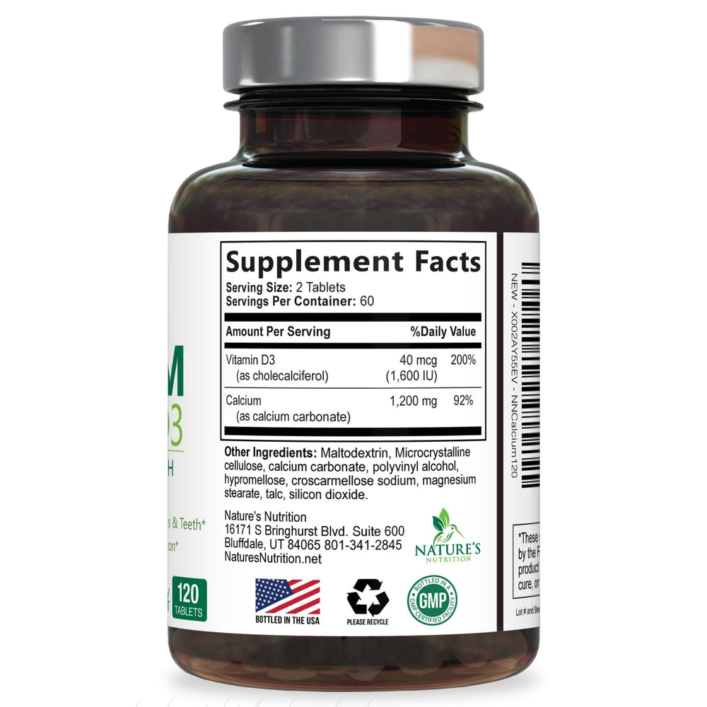 Nature's Nutrition close-up de la tabla nutricional mostrando calcio y D3
