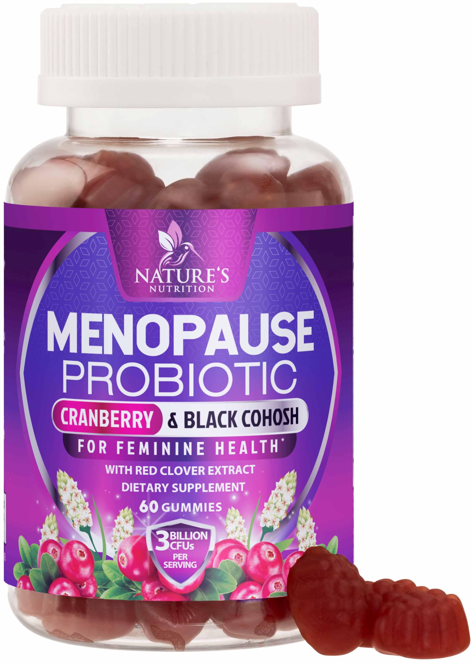 Nature's Nutrition frasco frontal mostrando Menopause Probiotic Gummies y beneficios