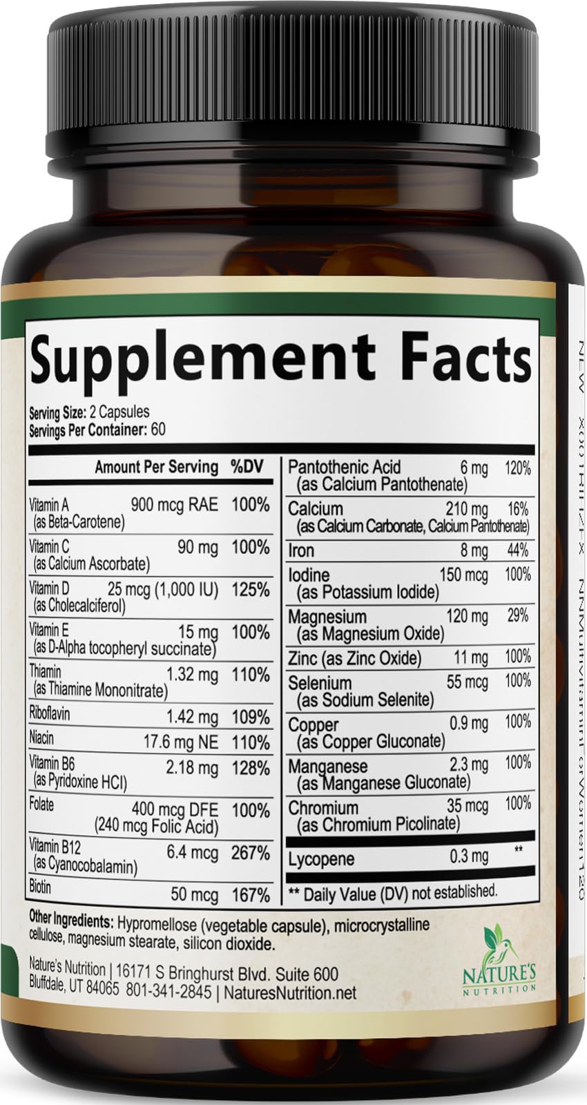 Nature's Nutrition frasco en estante bien cerrado para conservar calidad