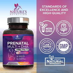 Etiqueta nutricional de Nature's Nutrition Prenatal con detalles de vitaminas y minerales