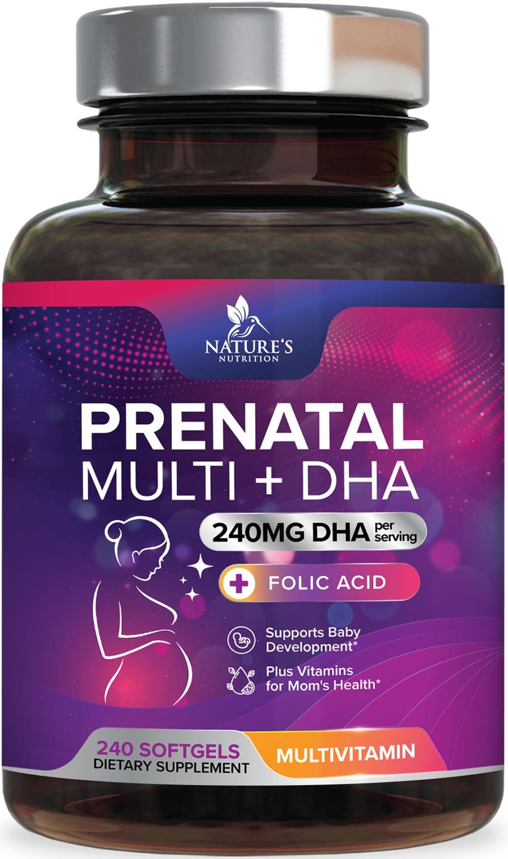 Nature's Nutrition envase frontal del prenatal que muestra formato de 240 softgels y conveniencia