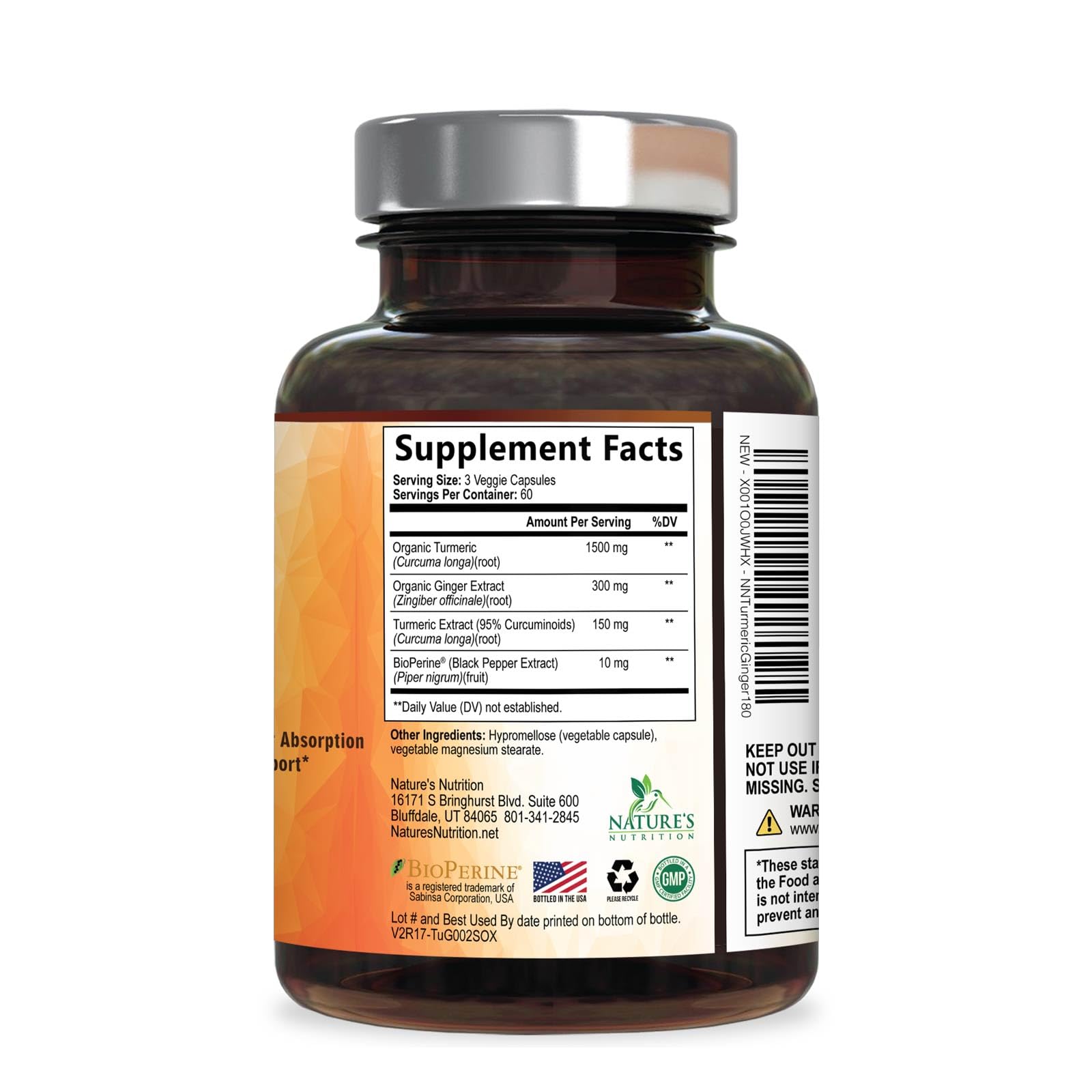 Nature's Nutrition bote abierto mostrando 180 cápsulas para abastecimiento mensual