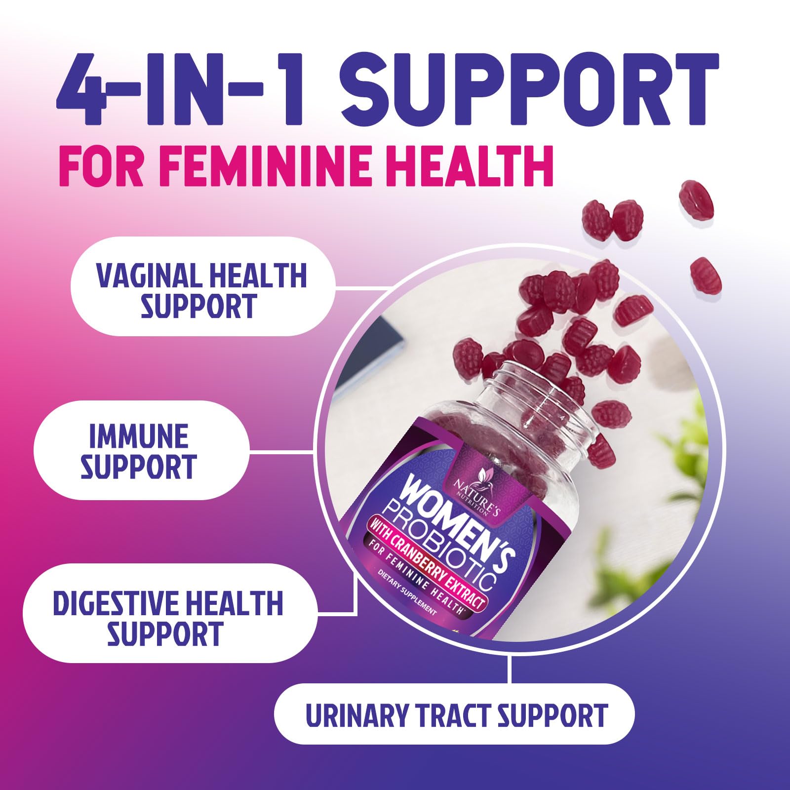 Nature's Nutrition probióticos para mujeres: sabor a cranberry para momentos saludables.