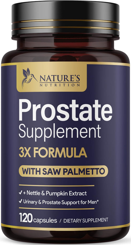 Nature's Nutrition frasco frontal mostrando 120 cápsulas para comodidad prostática