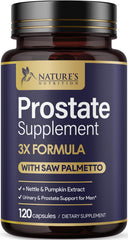 Nature's Nutrition frasco frontal mostrando 120 cápsulas para comodidad prostática