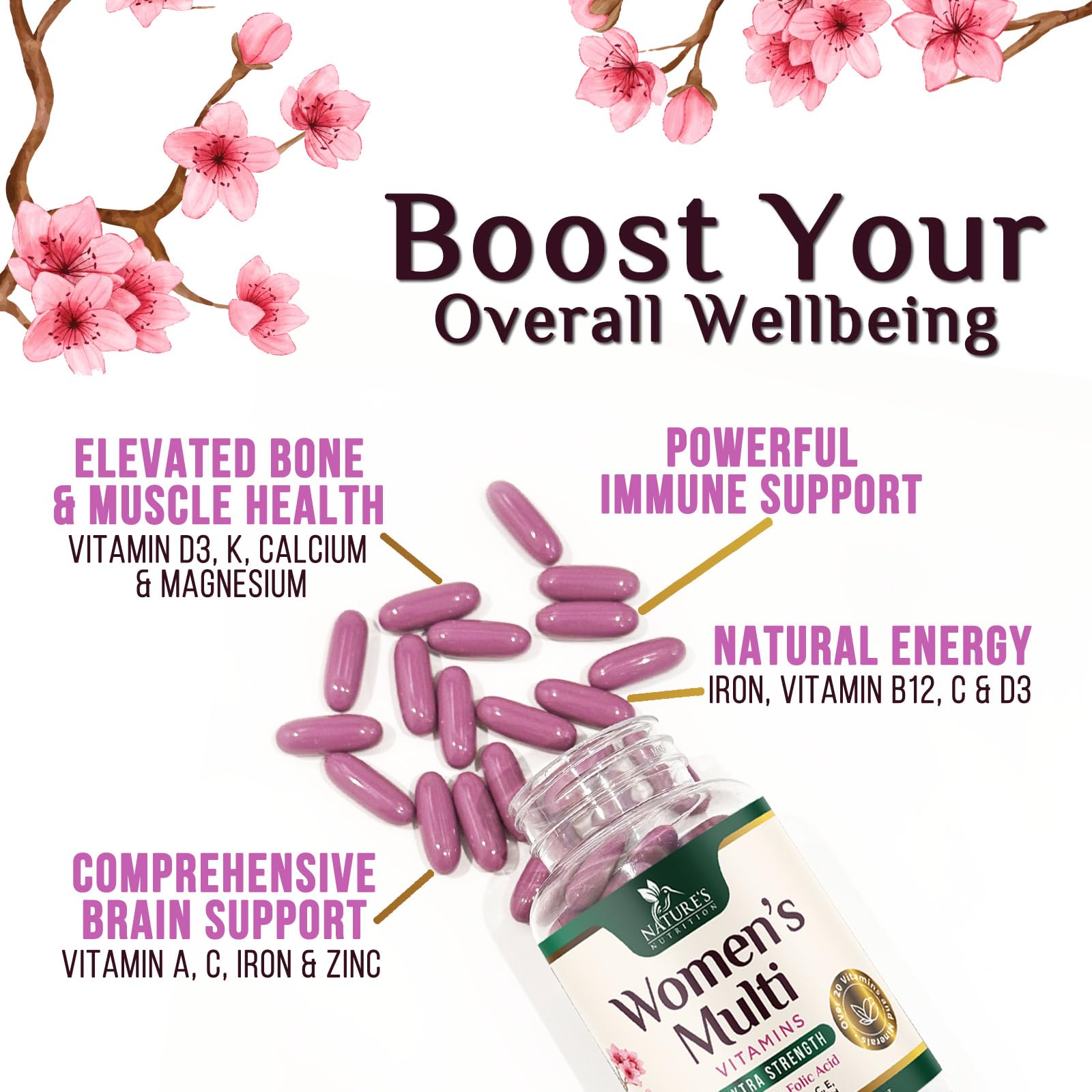 Nature's Nutrition softgels en cuchara destacando porciones concretas