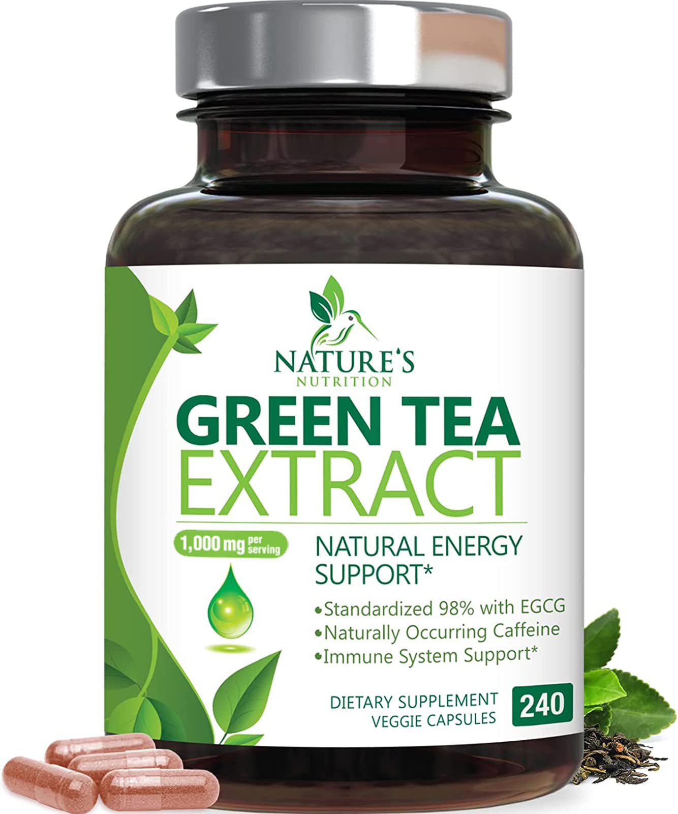 Nature's Nutrition envase frontal del extracto de té verde, confianza visible