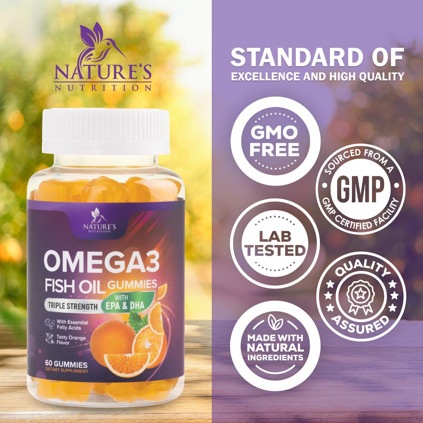 Nature's Nutrition gomita en mano indica tamaño y dosificación práctica