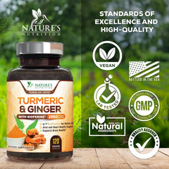 Ingredientes de Nature's Nutrition: cúrcuma, jengibre y BioPerine juntos en cucharas