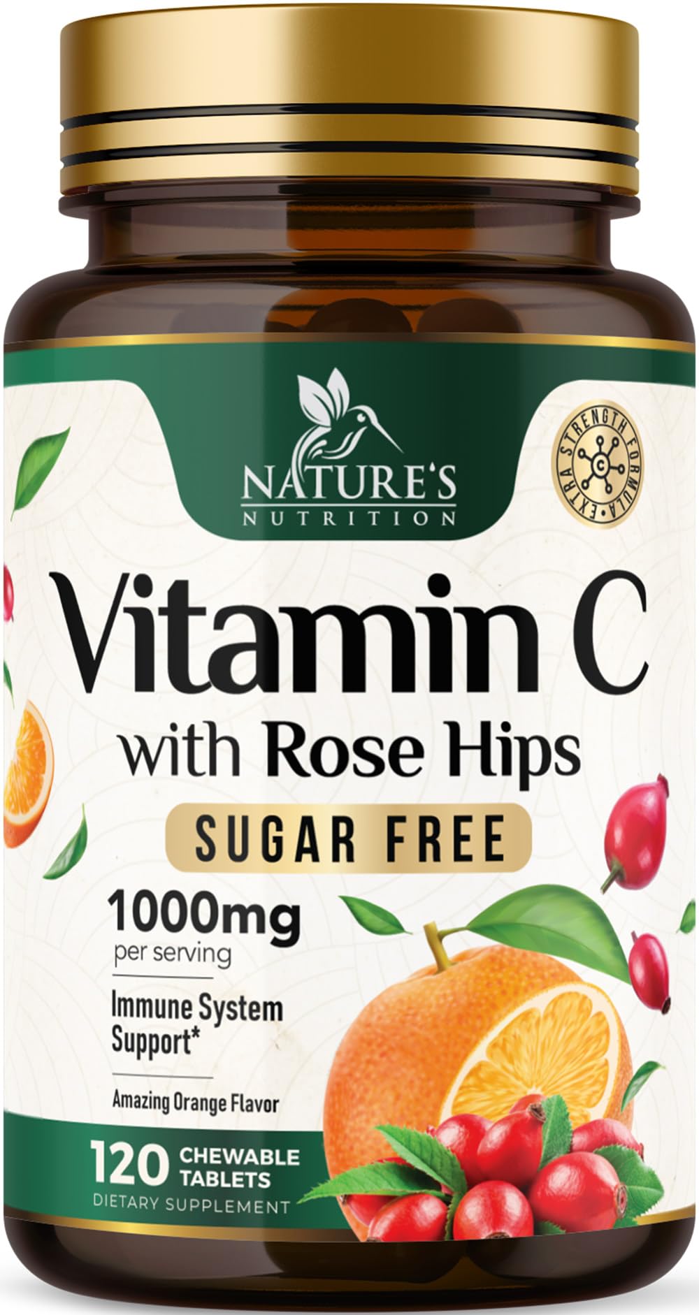 Nature's Nutrition envase frontal de vitamina C masticable, práctico y sin azúcar