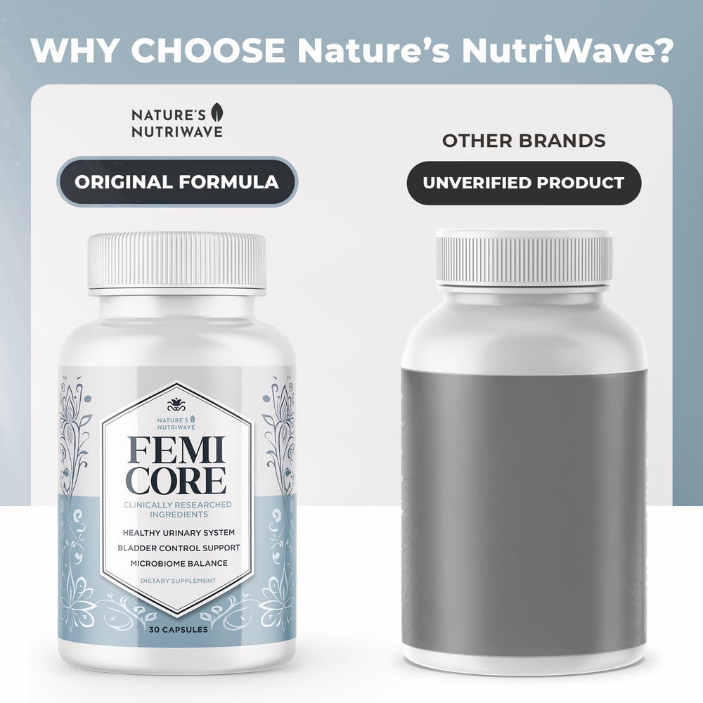 Nature’s NutriWave frasco abierto FemiCore 30 cápsulas mostrando conteo mensual
