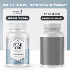 Nature’s NutriWave frasco abierto FemiCore 30 cápsulas mostrando conteo mensual