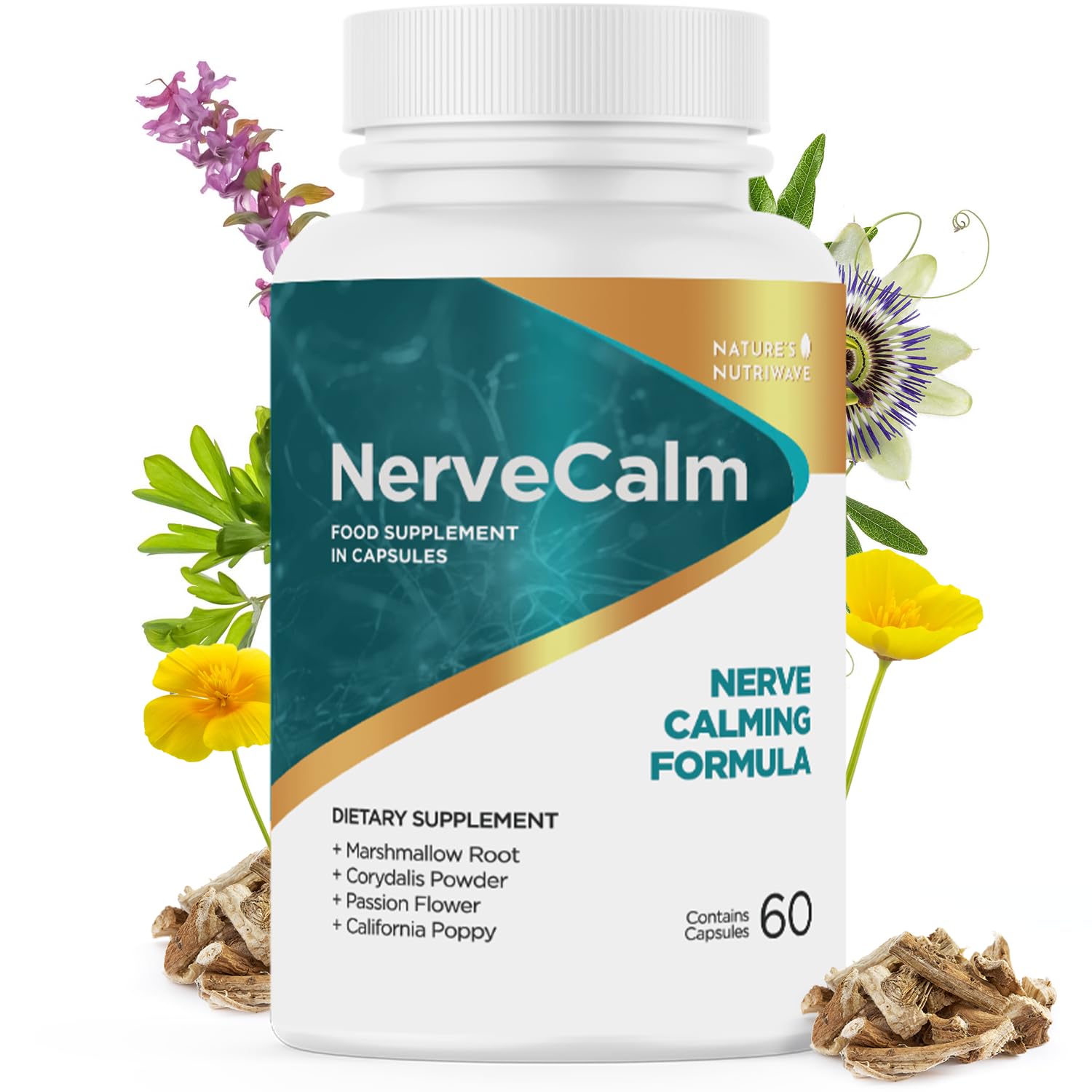 Nature’s NutriWave NerveCalm vista frontal, envase claro y profesional