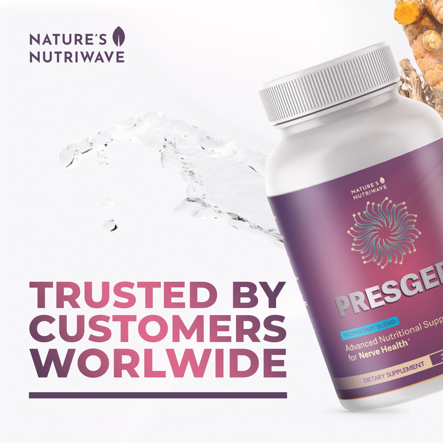 Nature’s NutriWave Presgera cápsula colocada junto a vaso de agua para uso diario