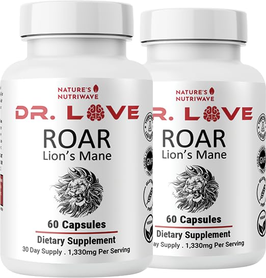 Nature’s NutriWave frasco ROAR Lion's Mane mostrando etiqueta y beneficios