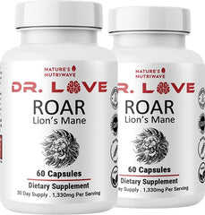 Nature’s NutriWave frasco ROAR Lion's Mane mostrando etiqueta y beneficios