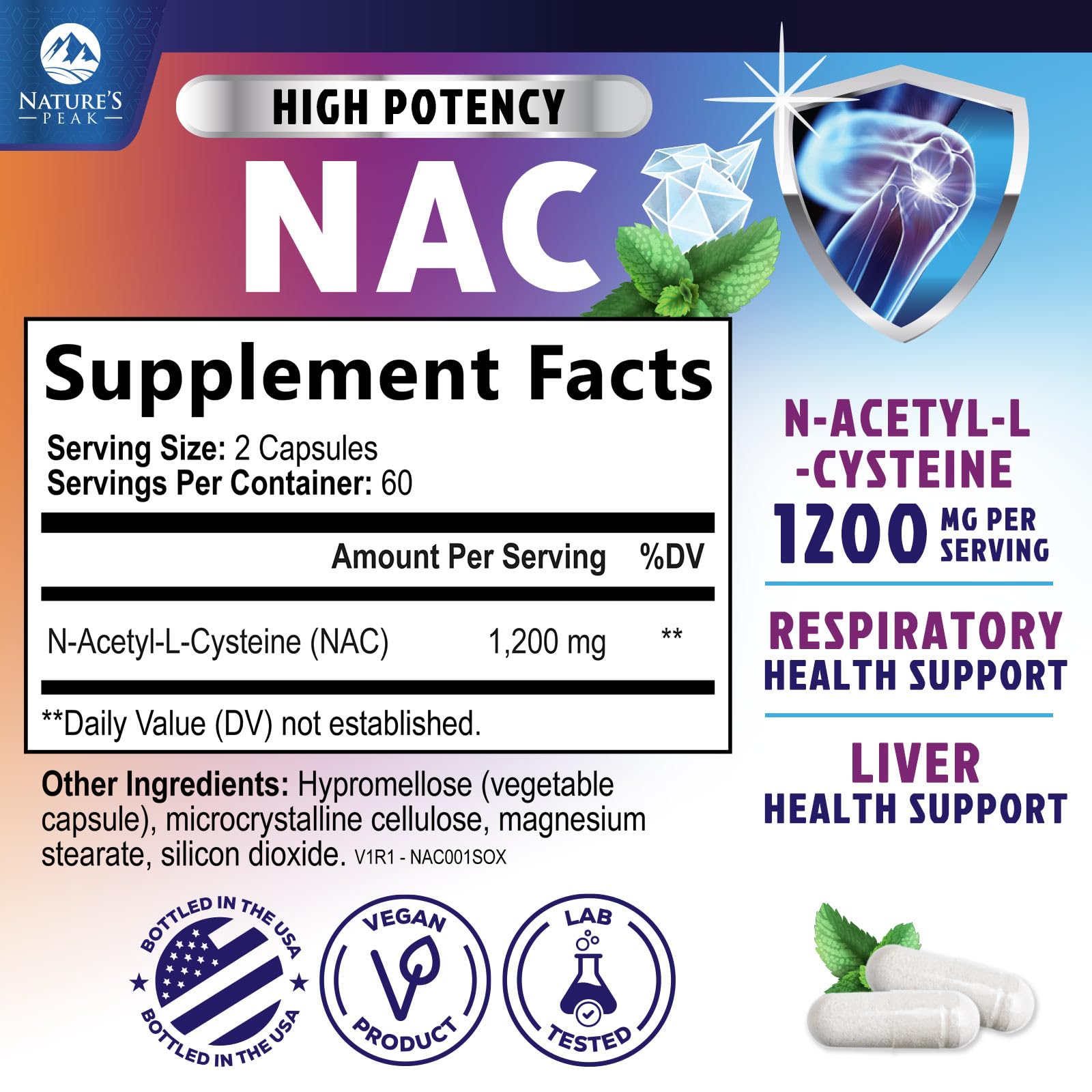 Nature's Peak cápsulas 1200 mg cerca para ver textura y forma vegana