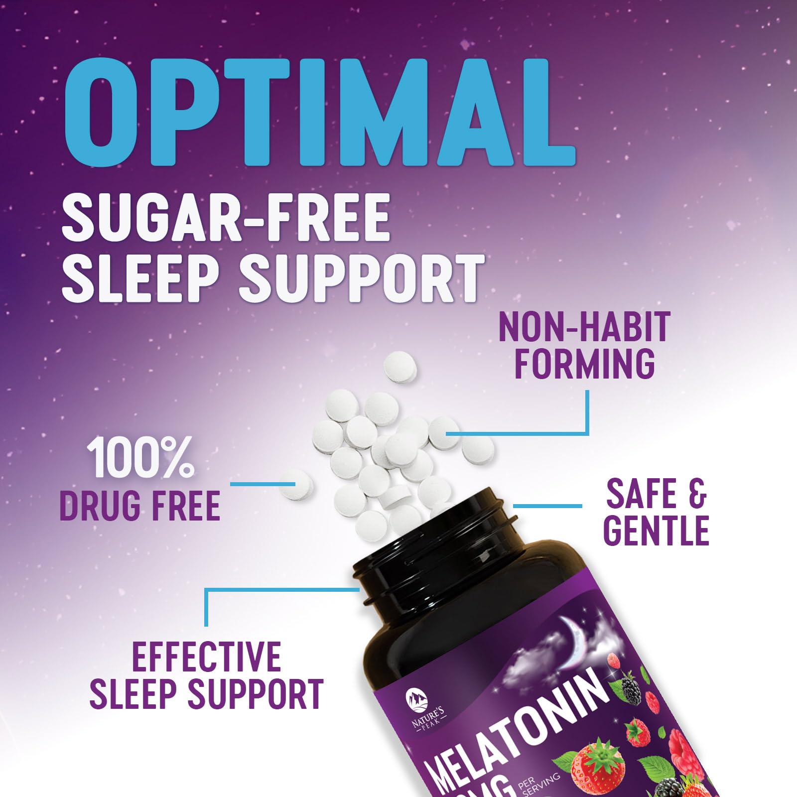 Nature's Peak etiqueta de ingredientes destacando melatonina 10 mg y pureza