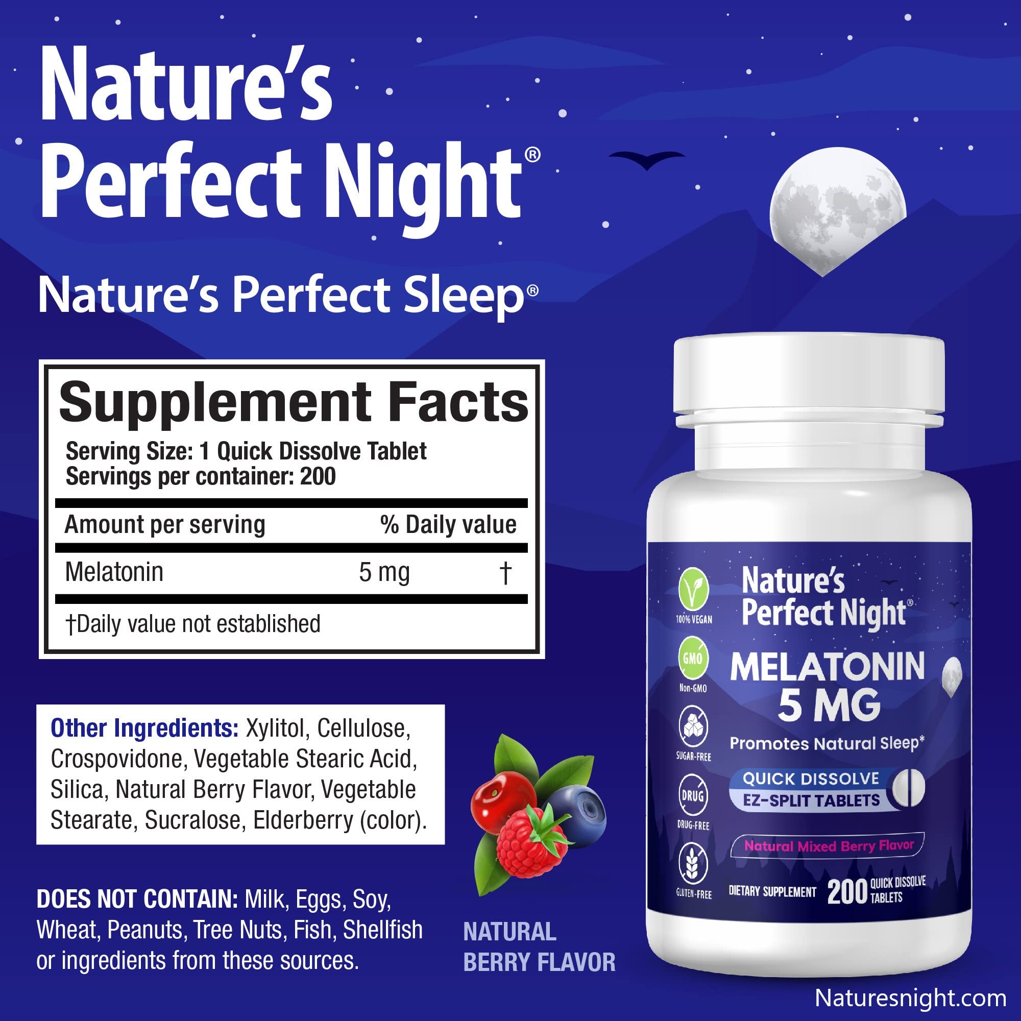 Nature's Perfect Night tableta disolviéndose en la lengua para uso sin agua