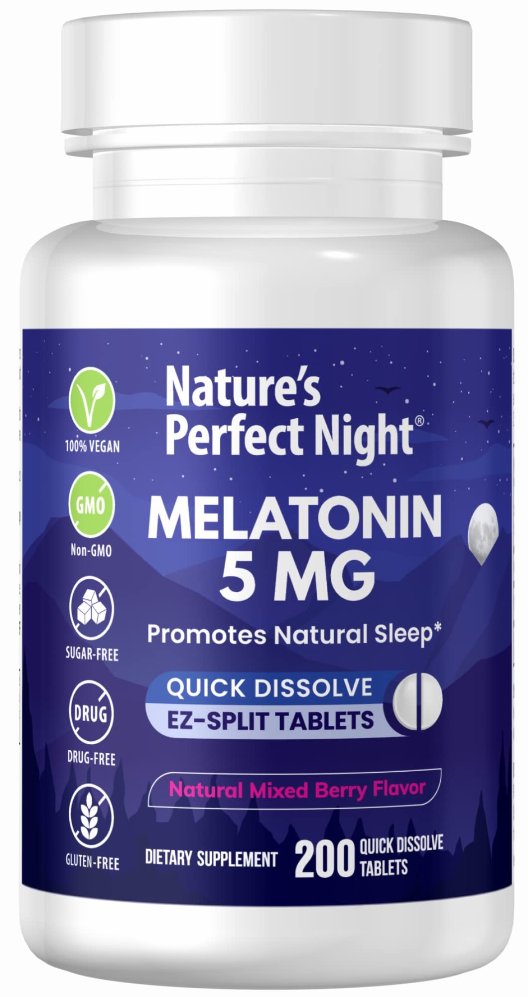 Nature's Perfect Night envase frontal mostrando 200 tabletas y beneficio ahorro