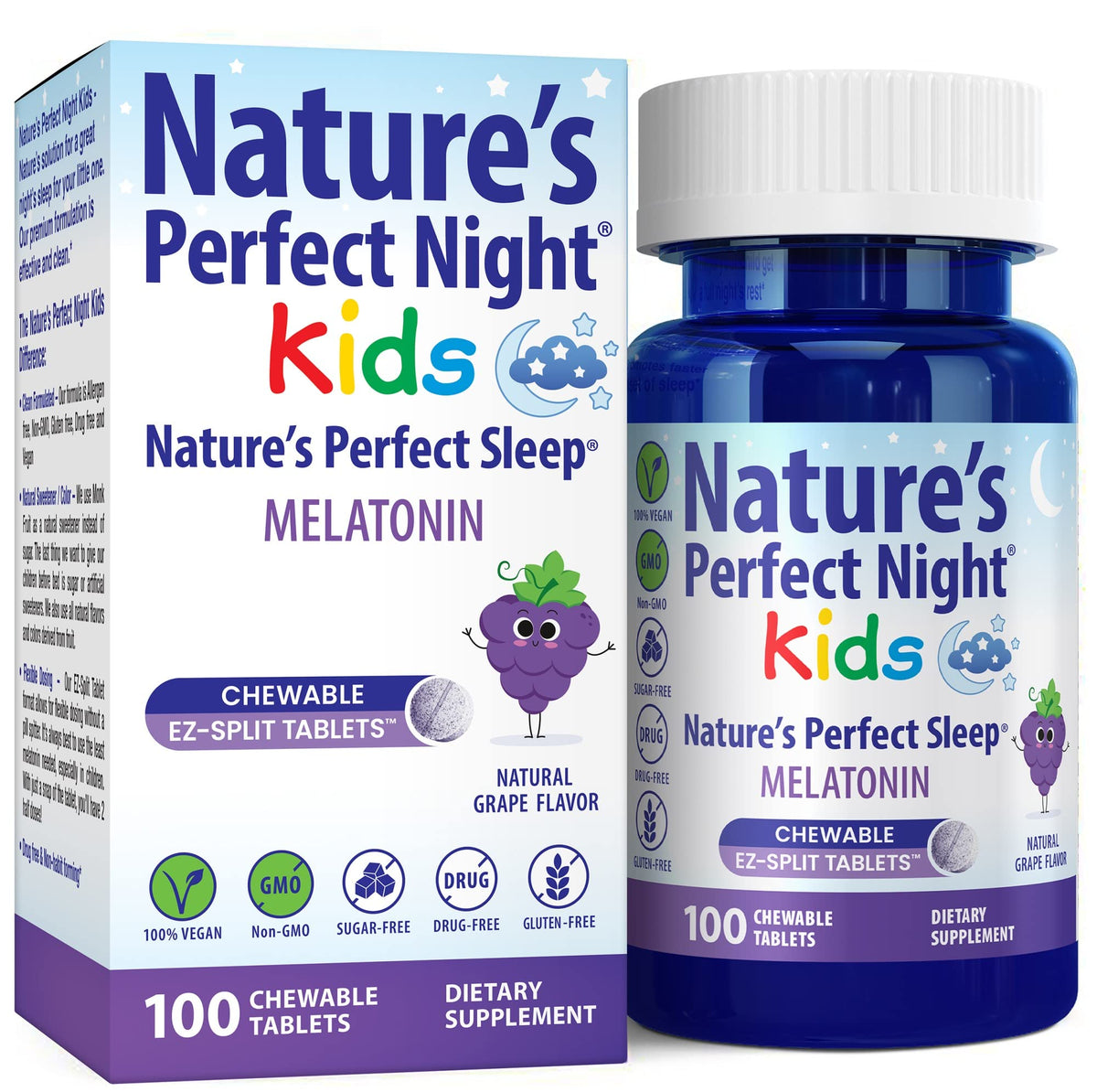 Nature's Perfect Night Kids frasco frontal que muestra 100 tabletas, opción sin azúcar