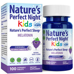 Nature's Perfect Night Kids frasco frontal que muestra 100 tabletas, opción sin azúcar