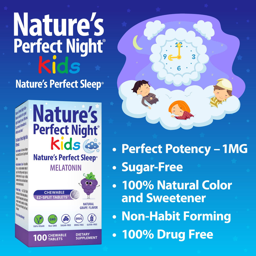 Nature's Perfect Night Kids tabletas masticables en mano, fácil administración infantil